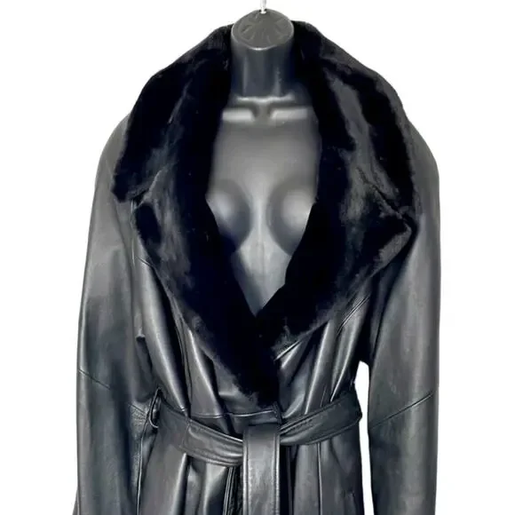 Lord & Taylor Black Vintage Long Suede Leather Coat W/Faux Fur Collar Size M